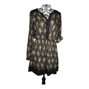 DR2 Black Paisley Long-Sleeve Waist-Elastic Mini Dress Size L